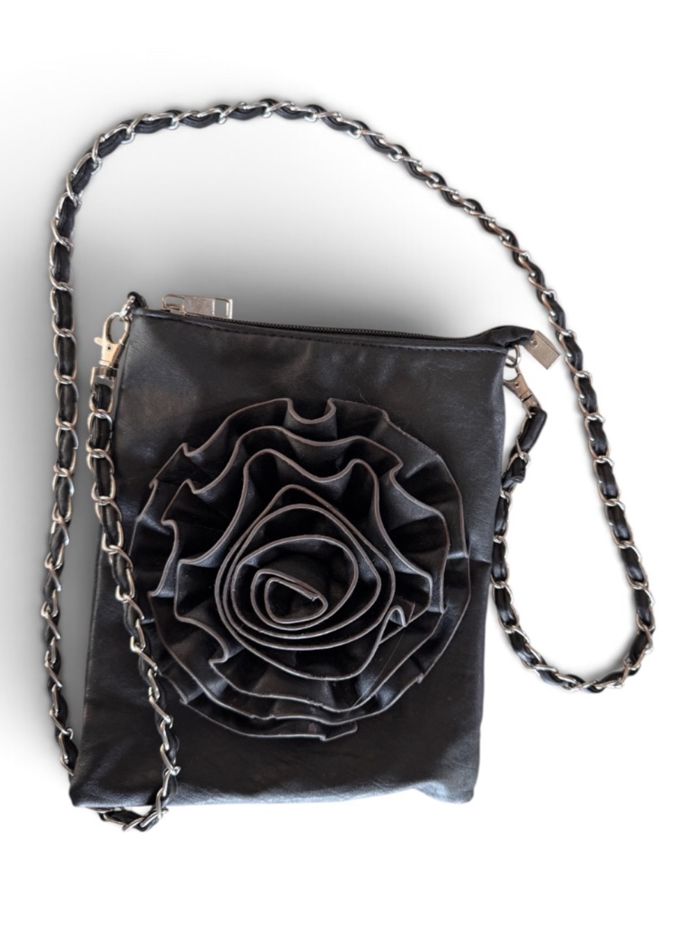 Black Leather Rosette Flower Chain Strap Crossbody Bag